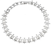 A silver fancy-link necklace by Barbara Cartlidge, the graduated polished links of track design, with applied batons...
