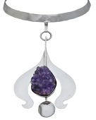 A silver and amethyst collar and pendant necklace by Barbara Cartlidge, 1966, the plain planished collar with hook...