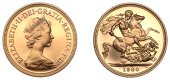 Elizabeth II (1952-2022), Decimal issues, Proof Sovereign, 1980, edge grained, 7.99g/12h (Hill 311A; S SC1). As...