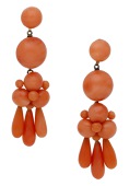 A pair of 19th century coral ear pendants, set with Corallium rubrum beads, each with a trefoil cluster and...