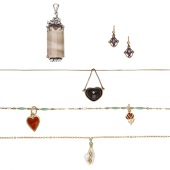 A collection of jewellery, to include an early 20th century green enamel and seed pearl chain, a smoky quartz and...