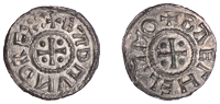 Kings of East Anglia, Eadmund (855-69), Penny, Bæghelm, eadmvnd rex:, cross pattée with pellets in angles, rev....