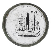 An unusual antique circular glass fob, engraved and painted to depict a three masted sailing vessel, with tall smoke...