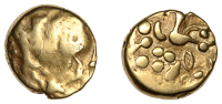 British Iron Age, GALLO-BELGIC, Ambiani, gold Stater, series C, Biface type, degraded head of Apollo right, rev....