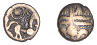 British Iron Age, BELGAE, Uninscribed issues, Quarter-Stater, Qc derivative [Petersfield Wreath type], wreath design...