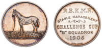 R.E.K.M.R CHALLANGE CUP, 1906, a silver award medal by Spink & Son, horse standing left in paddock, rev. legend in...