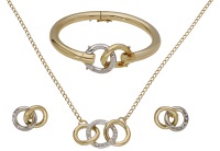 A diamond necklace, bracelet and earring suite, the necklace of interlocking bicolour hoop design, the central hoop...