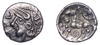 British Iron Age, REGNI, Uninscribed issues, silver Unit, Sussex Lyre type, helmeted head left, rev. horse left,...