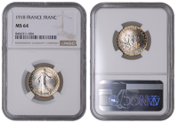 France, Third Republic, Franc, 1918, Paris (Gad. 467; KM 844.1). A superb example with iridescent toning and full...
