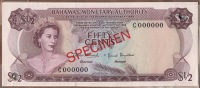 Bahamas Monetary Authority, specimens for $1/2, $1, $3, $5, $10, $20, $50, and $100, 1969, all-zero serial numbers,...