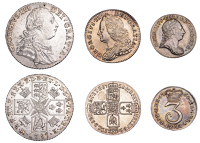 George II, Sixpence, 1758 (ESC 1763; S 3711); George III, Shilling, 1787, without hearts, Threepence, 1762 (ESC...