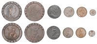 William & Mary, Halfpenny, 1694 (S 3452); George III, Twopences (2), both 1797 (BMC 1077; S 3776); William IV,...