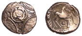 British Iron Age, ICENI, Uninscribed issues, gold Stater, Freckenham Flower [Crescent] type, three-petal flower with...