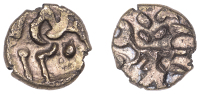 British Iron Age, CORIELTAUVI, Uninscribed issues, gold Stater, Sunflower type, devolved head of Apollo right, in...