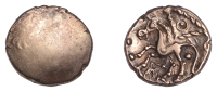 British Iron Age, CANTII, Uninscribed issues, gold Quarter-Stater, Corded Triangle type, plain, rev. horse left,...