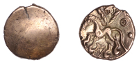 British Iron Age, CANTII, Uninscribed issues, gold Quarter-Stater, Corded Triangle type, plain, rev. horse left,...