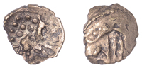 British Iron Age, TRINOVANTES, Uninscribed issues, gold Quarter Stater, Clacton de Jersey type, ‘three men in a...