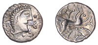 British Iron Age, ICENI, Uninscribed issues, silver Unit, Norfolk God [Small Head] type, male head right, oval eye,...