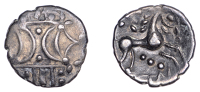 British Iron Age, ICENI, Ecen (c. AD 10-43), silver Unit, Corn Ear type, double crescent emblem on vertical wreath,...