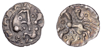 British Iron Age, DOBUNNI, Uninscribed issues, silver Unit, Cotswold Eagle [Head Type B] type, moon head right,...