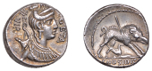 Roman Republican Coinage, C. Hosidius C.f. Geta, Denarius, c. 68, draped bust of Diana right, bow and quiver over...