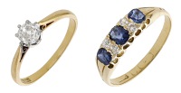 Two gem-set rings, comprising a sapphire and diamond seven stone ring, and a diamond single stone ring, first with...