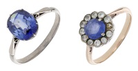 Two gem-set rings, comprising a cushion-shaped synthetic sapphire ring and a gem-set cluster ring, (one stone...