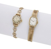 Rotary and Tissot. Two gold lady’s watches, circa 1970.
Movements: manual winding.
Dials: silvered, applied...