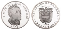 Panama, Republic, Proof 20 Balboas, 1974, Simón Bolívar, Franklin mint, 129.59g/12h (KM 31). As struck; in box of...