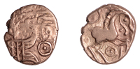 British Iron Age, ICENI, Uninscribed issues, gold Quarter-Stater, Irstead Smiler type, latticed square on two...