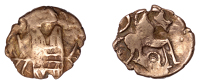 British Iron Age, ICENI, Uninscribed issues, gold Quarter-Stater, Irstead Smiler type, latticed square on two...