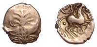 British Iron Age, ICENI, Uninscribed issues, gold Quarter-Stater, Irstead Smiler type, latticed square on two...