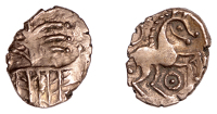 British Iron Age, ICENI, Uninscribed issues, gold Quarter-Stater, Irstead Smiler type, latticed square on two...