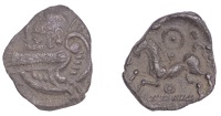 British Iron Age, ICENI, Uninscribed issues, silver Unit, Bury Helmet type, helmeted female head right, sharply...