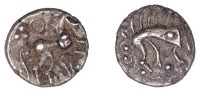 British Iron Age, ICENI, Uninscribed issues, silver Unit, Norfolk Boar Phallic type, stylised boar right, pellet for...