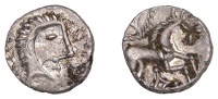 British Iron Age, ICENI, Uninscribed issues, silver Unit, Norfolk God [Moustache] type, stylised male head right,...