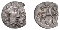British Iron Age, CANTII, Uninscribed issues, silver Unit, Garrard’s Ring Horse type, diademed head right,...