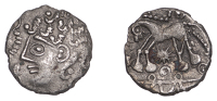 British Iron Age, CANTII, Uninscribed issues, silver Unit, Bury Belgica/Chamberlain Chauchoy type, female head left,...