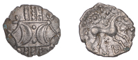 British Iron Age, ICENI, Anted (c. AD 10-30), silver Unit, Antd D-Bar type, double crescent emblem on vertical...