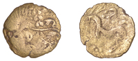 British Iron Age, GALLO-BELGIC, Bellovaci, Uninscribed issues, gold Quarter-Stater, Broad Flan [Left] type, wreathed...