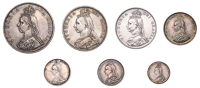Victoria, Double Florin, Halfcrown, Florin, Shilling, Sixpences (2, both types), Threepence, all 1887 (ESC 2695,...