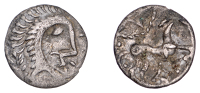 British Iron Age, ICENI, Uninscribed issues, silver Unit, Norfolk God [Moustache] type, stylised male head right,...