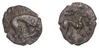 British Iron Age, ICENI, Uninscribed issues, silver Unit, Boar Triadic type, stylised boar right, single front and...