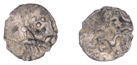 British Iron Age, ICENI, Uninscribed issues, silver Half Unit, Stickman Boar type, stylised boar right, single front...
