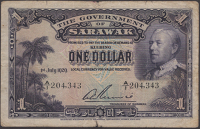 Government of Sarawak, $1, 1 July 1929, serial number A/1 204343, Gillan signature, some wear along central fold and...