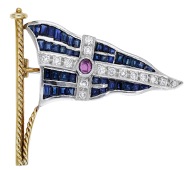 A Royal Thames Yacht Club 18ct gold burgee brooch, 1998. set with calibré-cut sapphires, brilliant-cut diamonds and...