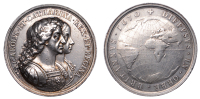 British Colonization, 1670, a silver medal by J. Roettier, conjoined busts of Charles II and Catherine right, rev....