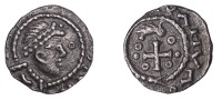 Early Anglo-Saxon Period, Sceatta, Primary series BI, type 27b, double-diademed head right, face upturned towards...