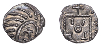 Early Anglo-Saxon Period, Sceatta, Continental series E, Secondary type, porcupine-like figure, curve of body...