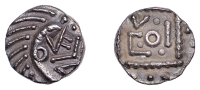 Early Anglo-Saxon Period, Sceatta, Continental series E, ‘VICO’ type, porcupine-like figure with zoomorphic...
